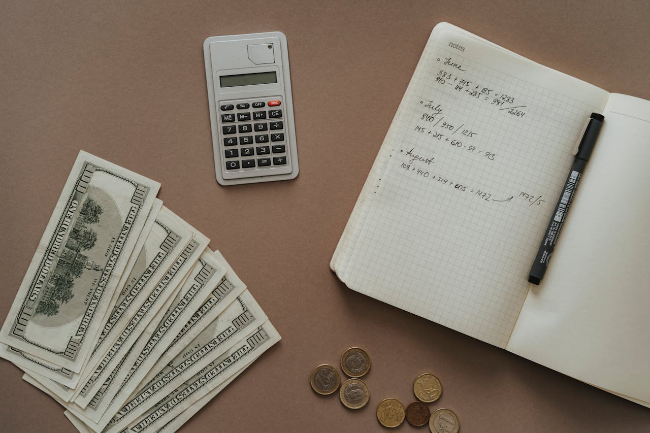 about-01 Flat lay with calculator, notebook, and US dollars ideal for financial concepts.